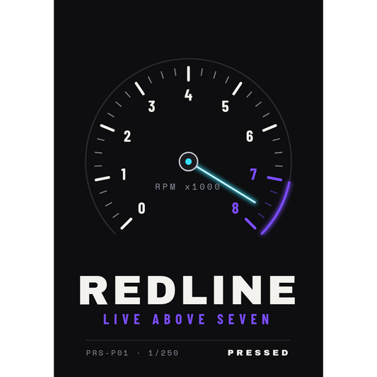 REDLINE artwork — tachometer with violet redline