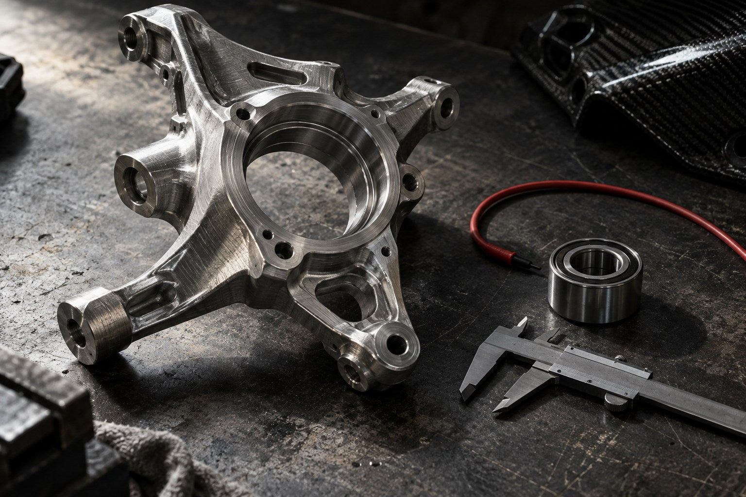 Beeldconcept: gefreesd aluminium, een lager en meetgereedschap op een werkbank