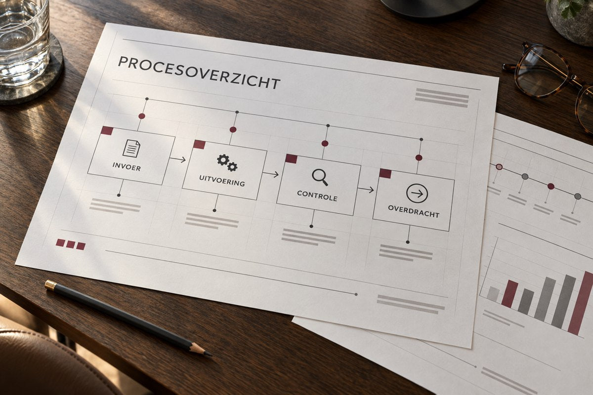 Beeldconcept: een geprint procesoverzicht met invoer, uitvoering, controle en overdracht op een vergadertafel