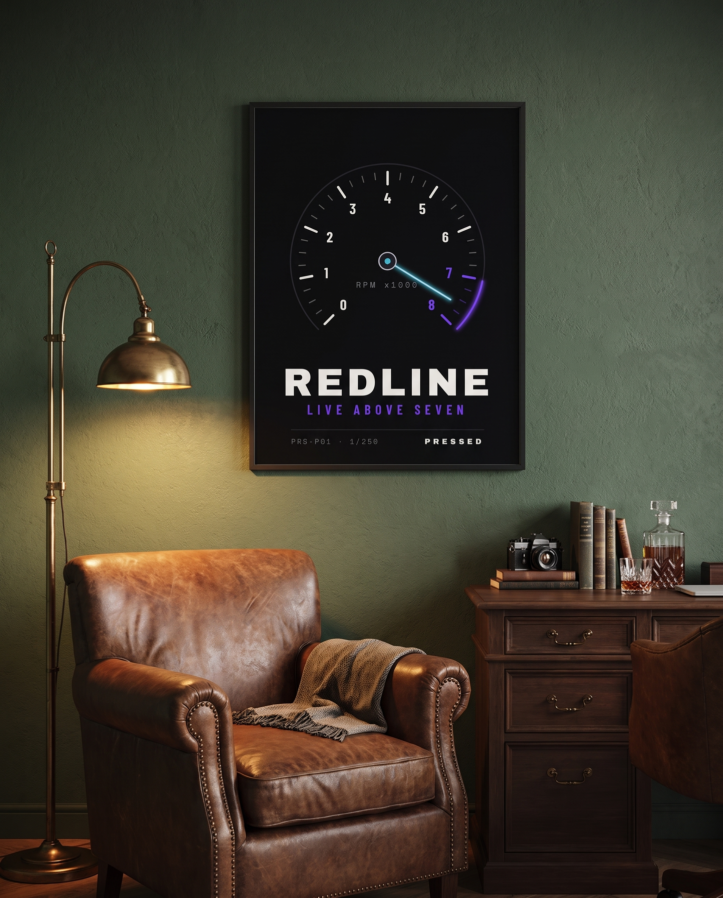 REDLINE poster framed on a dark green wall