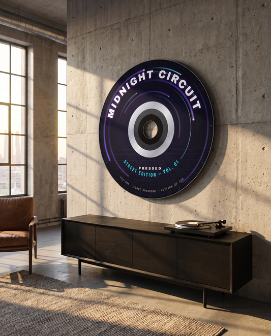 MIDNIGHT CIRCUIT wall disc, 1 meter, on a concrete loft wall above a sideboard