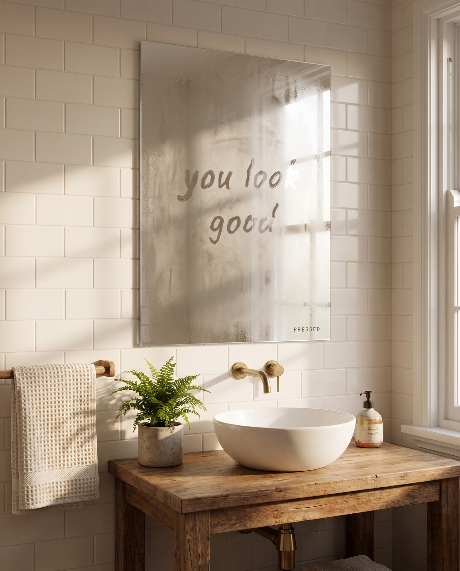 Fogged mirror with 'you look good' in a bathroom