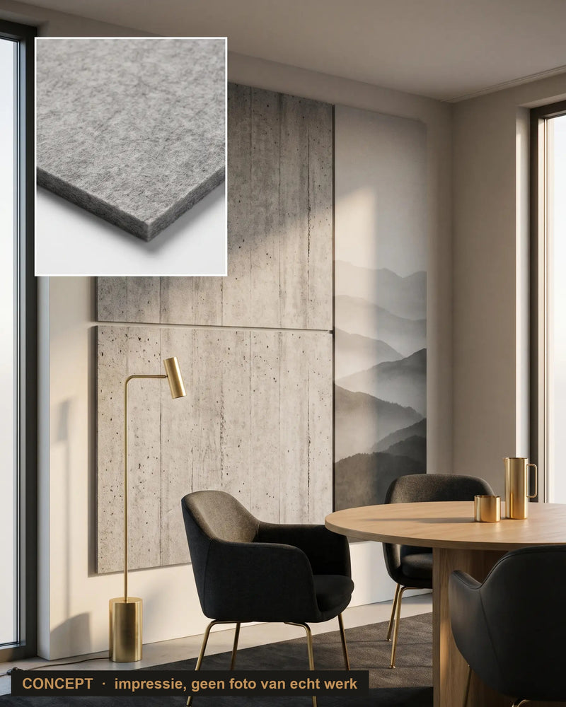 Concept-impressie: wand van vilt met betonprint en een paneel met een heuvellandschap naast een ronde tafel, met een inzet van de viltrand