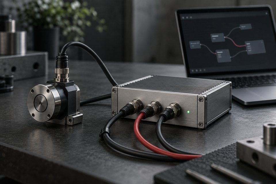 Beeldconcept: Sensor, besturingsmodule en software verbonden tot een systeem