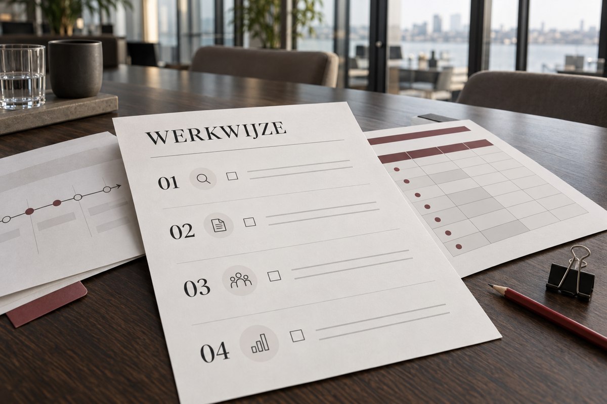 Beeldconcept: gepresenteerde papieren werkbladen met stappen, controlepunten en een verantwoordelijkhedenmatrix