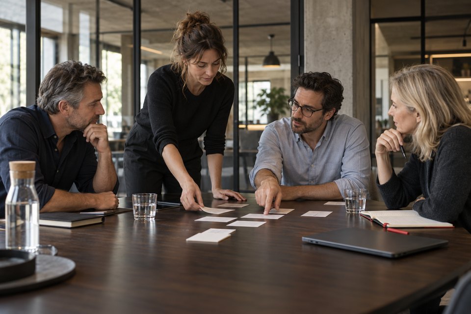 Beeldconcept: een team onderzoekt samen een proces tijdens een werksessie
